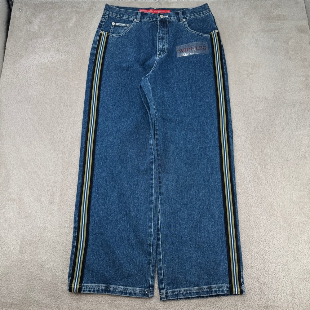 NWT VTG 90s‎ Revolt Wide Leg Jeans Womens 16 Blue Denim Striped High Rise Baggy